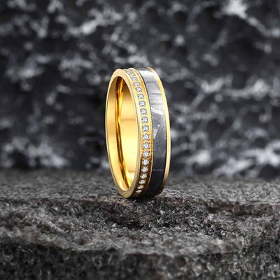 Cubic Zirconia And Meteorite Tungsten Band Ring