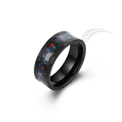 8 MM Opal And Meteorite Ring Wedding Band Hammered Edge Tungsten