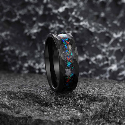 8 MM Opal And Meteorite Ring Wedding Band Hammered Edge Tungsten