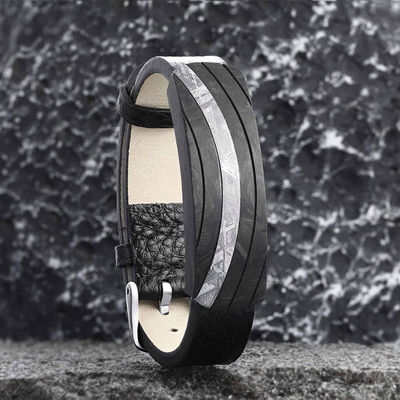 Carbon Fiber Meteorite Adjustable Mens Leather Bracelet Length 16-19cm