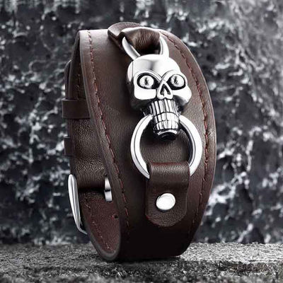 Meteorite Genuine Leather Bracelet Stainless Steel Adjustable Size Length 19-22cm