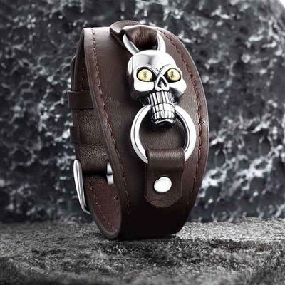 Meteorite Genuine Leather Bracelet Stainless Steel Adjustable Size Length 19-22cm