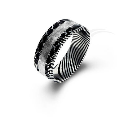 Damascus Steel And Meteorite Ring With Unique Patterns For Modern Weddings